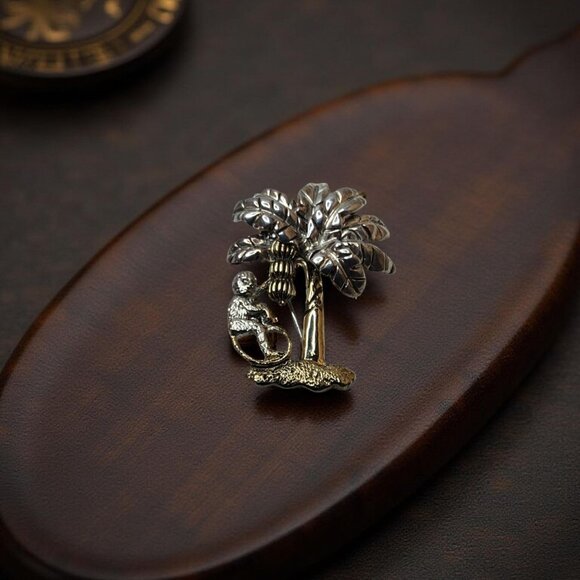 Vintage MJ Silver / Gold-Tone Monkey & Banana Tree Brooch Pin / Pendant - Picture 2 of 12